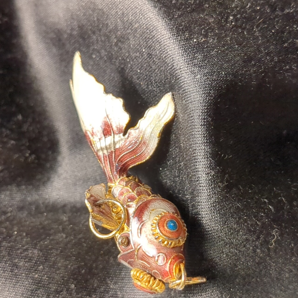 Large cloisonne articulated fish pendant/charm. Gold, pearl, copper, purple.